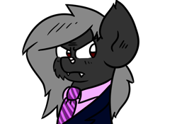 Size: 1000x700 | Tagged: safe, artist:tranzmuteproductions, oc, oc only, oc:tranzmute, bat pony, pony, bandaid, bandaid on nose, bat pony oc, bust, cheek fluff, clothes, fangs, frown, gray mane, looking sideways, male, necktie, simple background, solo, stallion, suit, white background