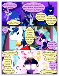 Size: 612x792 | Tagged: safe, artist:newbiespud, edit, edited screencap, screencap, applejack, fluttershy, pinkie pie, princess luna, rainbow dash, rarity, shining armor, twilight sparkle, alicorn, earth pony, pegasus, pony, unicorn, comic:friendship is dragons, a canterlot wedding, friendship is magic, g4, luna eclipsed, the best night ever, applejack's hat, big crown thingy, comic, cowboy hat, crown, dialogue, element of magic, eye contact, eyelashes, eyes closed, female, glowing, glowing eyes, glowing horn, hat, hoof shoes, horn, jewelry, looking at each other, male, mane six, mare, multicolored hair, multicolored mane, multicolored tail, night, pink mane, pink tail, purple eyes, rainbow hair, rainbow tail, regalia, screencap comic, smiling, speech bubble, spread wings, stallion, stars, tail, unicorn twilight, white eyes, wings