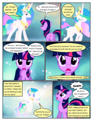 Size: 612x792 | Tagged: safe, artist:newbiespud, edit, edited screencap, screencap, princess celestia, twilight sparkle, alicorn, pony, unicorn, comic:friendship is dragons, g4, magical mystery cure, butt, comic, d:, dialogue, eyelashes, eyes closed, female, flying, jewelry, mare, open mouth, peytral, plot, raised hoof, screencap comic, smiling, tiara, twibutt, unicorn twilight