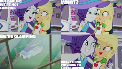 Size: 1280x720 | Tagged: safe, edit, edited screencap, editor:quoterific, screencap, applejack, rarity, camping must-haves, equestria girls, g4, my little pony equestria girls: better together, belt, clothes, cutie mark, cutie mark on clothes, denim skirt, female, geode of shielding, geode of super strength, jewelry, magical geodes, necklace, open mouth, open smile, rarity peplum dress, skirt, smiling