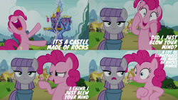 Size: 1280x720 | Tagged: safe, edit, edited screencap, editor:quoterific, screencap, maud pie, pinkie pie, earth pony, pony, g4, rock solid friendship, season 7, bipedal, female, mare, nose in the air, open mouth, open smile, smiling, twilight's castle, uvula, volumetric mouth