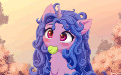 Size: 824x515 | Tagged: safe, artist:symbianl, artist:szafir87, izzy moonbow, pony, unicorn, g5, my little pony: a new generation, :3, animated, ball, blue mane, chest fluff, chewing ponies, cute, ear fluff, eyebrows, female, gif, horn, izzy's nom, izzy's tennis ball, izzybetes, loop, mare, mouth hold, nom, solo, symbianl is trying to murder us, szafir87 is trying to murder us, tennis ball, weapons-grade cute
