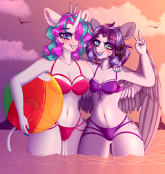 Size: 996x1045 | Tagged: safe, artist:gunya, oc, oc only, oc:diamond mind, pegasus, unicorn, anthro, beach ball, bikini, bunny ears, clothes, duo, duo female, female, horn, ocean, peace sign, pegasus oc, pose, smiling, standing, sunset, swimsuit, unicorn oc