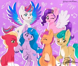 Size: 1765x1487 | Tagged: safe, artist:marukuro, hitch trailblazer, izzy moonbow, pipp petals, sprout cloverleaf, sunny starscout, zipp storm, earth pony, pegasus, pony, unicorn, g5, my little pony: a new generation, female, male, mane five, mare, sprout joins the mane five, stallion