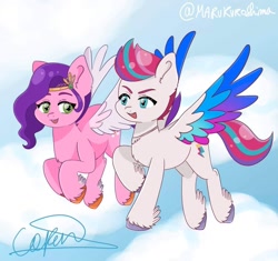 Size: 1349x1267 | Tagged: safe, artist:marukuro, pipp petals, zipp storm, pegasus, pony, g5, my little pony: a new generation, adorapipp, adorazipp, cute, duo, duo female, female, flying, mare, royal sisters (g5), siblings, sisters