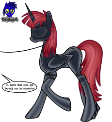 Size: 3840x4154 | Tagged: safe, artist:damlanil, oc, oc only, oc:fausticorn, alicorn, pony, series:becoming submissive, bdsm, blindfold, bondage, bondage mask, boots, bound wings, catsuit, clothes, collar, commission, corset, female, gag, gimp suit, high heels, hood, horn, implied discord, latex, latex boots, latex suit, leash, link in description, mare, muzzle gag, offscreen character, raised hoof, rubber, rubber suit, shiny, shiny mane, shoes, show accurate, simple background, socks, solo, speech bubble, story, story included, thigh highs, transparent background, vector, wings