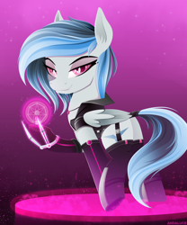 Size: 2500x3007 | Tagged: safe, artist:andaluce, oc, oc only, oc:haze northfleet, pegasus, pony, clothes, corrupted, cyberpunk, high res, jewelry, latex, latex socks, lineless, magic, necklace, socks, solo