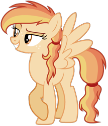 Size: 1200x1398 | Tagged: safe, artist:cindystarlight, oc, oc only, pegasus, pony, brown eyes, female, freckles, full body, lidded eyes, mare, multicolored mane, multicolored tail, pegasus oc, show accurate, simple background, smiling, solo, spread wings, standing, tail, transparent background, wings