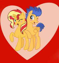 Size: 998x1065 | Tagged: safe, artist:dolphin2, flash sentry, sunset shimmer, pegasus, pony, unicorn, g4, abstract background, blue eyes, blush sticker, blushing, female, folded wings, heart, male, mare, one eye closed, open mouth, open smile, ship:flashimmer, shipping, smiling, stallion, straight, tail, teal eyes, two toned mane, two toned tail, wings