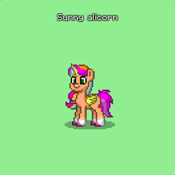 Size: 398x398 | Tagged: safe, sunny starscout, alicorn, pony, pony town, g5, my little pony: a new generation, spoiler:g5, spoiler:my little pony: a new generation, artificial wings, augmented, colored hooves, folded wings, green background, green eyes, horn, magic, magic horn, magic wings, mane stripe sunny, multicolored mane, race swap, rainbow, shadow, simple background, smiling, standing, sunnycorn, tail, wings