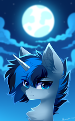 Size: 2838x4564 | Tagged: safe, artist:airiniblock, oc, oc only, oc:solar gizmo, pony, unicorn, rcf community, blue eyes, bust, chest fluff, cloud, ear fluff, eyebrows, eyebrows visible through hair, horn, icon, looking at you, male, moon, night, smiling, smiling at you, solo, stallion, two toned mane, unicorn oc
