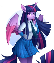 Size: 3543x4134 | Tagged: safe, artist:buvanybu, twilight sparkle, alicorn, anthro, g4, abstract background, arm warmers, clothes, female, high res, looking at you, mare, necktie, school uniform, shirt, skirt, smiling, smiling at you, solo, tail, twilight sparkle (alicorn), watermark, wings