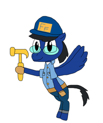 Size: 1456x1744 | Tagged: safe, artist:blazewing, oc, oc only, oc:blazewing, pegasus, pony, belt, clothes, costume, disney, drawpile, fix-it felix jr., flying, glasses, gloves, halloween, halloween 2021, halloween costume, hammer, hat, logo, male, nightmare night, nightmare night 2021, nightmare night costume, pants, shirt, simple background, smiling, solo, white background, wreck-it ralph