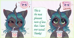Size: 1999x1030 | Tagged: safe, artist:saltyvity, queen chrysalis, oc, oc:fluffle puff, changeling, changeling queen, earth pony, pony, g4, abstract background, blushing, canon x oc, changeling feeding, comic, cute, cute little fangs, cutealis, fangs, female, flufflebetes, fluffy, horn, juice, lesbian, love, onomatopoeia, question mark, ship:chrysipuff, shipping, solo focus, sparkles, text