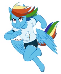 Size: 1059x1283 | Tagged: safe, artist:powree, rainbow dash, pegasus, anthro, unguligrade anthro, g4, clothes, cutie mark, cutie mark on clothes, full body, running, shirt, shorts, simple background, smiling, solo, t-shirt, tail, white background, wings