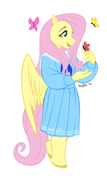 Size: 1012x1652 | Tagged: safe, artist:powree, fluttershy, butterfly, pegasus, anthro, unguligrade anthro, g4, clothes, cute, daaaaaaaaaaaw, dress, shyabetes, simple background, solo, white background, wings