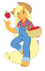 Size: 1075x1680 | Tagged: safe, artist:powree, applejack, earth pony, anthro, unguligrade anthro, g4, apple, basket, clothes, cute, food, freckles, overalls, simple background, solo, straw in mouth, white background