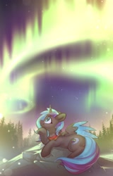 Size: 2625x4096 | Tagged: safe, artist:mirroredsea, oc, oc only, alicorn, pony, alicorn oc, aurora borealis, colored wings, female, forest, freckles, horn, mare, multicolored wings, scenery, smiling, solo, wings