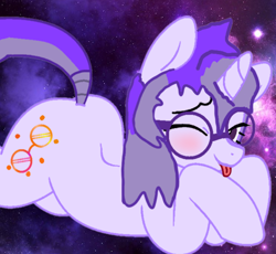 Size: 1906x1756 | Tagged: safe, artist:mellow91, artist:nebychko, oc, oc only, oc:glass sight, pony, unicorn, adorasexy, blushing, cute, dock, female, galaxy, glasses, hooves together, horn, looking at you, lying down, macro, mare, ocbetes, one eye closed, prone, seductive pose, sexy, smiling, smiling at you, solo, tail, tongue out, unicorn oc, wink, winking at you