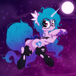 Size: 2500x2500 | Tagged: safe, artist:rurihal, izzy moonbow, pony, unicorn, vampire, g5, my little pony: a new generation, butt, clothes, costume, dock, ear fluff, full moon, glasses, halloween, halloween costume, high res, holiday, izzy moonbutt, looking at you, moon, plot, round glasses, socks, solo, tail