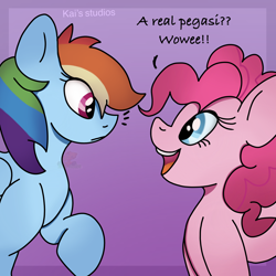 Size: 2000x2000 | Tagged: safe, artist:kaifurry, derpibooru exclusive, pinkie pie, rainbow dash, earth pony, pegasus, pony, g4, abstract background, blue eyes, confused, contest, dialogue, duo, duo female, eye contact, female, grammar error, happy, high res, looking at each other, mare, mlp fim's eleventh anniversary, multicolored hair, multicolored mane, open mouth, open smile, pink mane, rainbow hair, smiling, soft shading