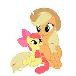 Size: 1400x1400 | Tagged: safe, artist:zigrock, apple bloom, applejack, earth pony, pony, g4, apple bloom's bow, applejack's hat, blank flank, bow, cowboy hat, duo, duo female, female, filly, freckles, green eyes, hair bow, hat, mare, open mouth, open smile, orange eyes, red mane, red tail, siblings, simple background, sisters, sitting, smiling, tail, white background