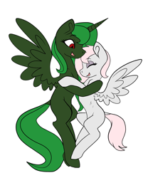 Size: 2500x3000 | Tagged: safe, artist:katyusha, oc, oc only, oc:evening "eve" canter, oc:violet, alicorn, pegasus, pony, alicorn oc, commission example, cute, duo, eyebrows, eyebrows visible through hair, eyes closed, high res, horn, hug, red eyes, simple background, white background, wings