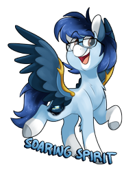 Size: 2467x3077 | Tagged: safe, artist:luximus17, oc, oc only, oc:soaring spirit, pegasus, pony, chest fluff, coat markings, colored hooves, colored wings, eye clipping through hair, eyebrows, eyebrows visible through hair, facial markings, glasses, high res, male, markings, open mouth, open smile, pegasus oc, simple background, smiling, socks (coat markings), solo, spread wings, stallion, standing on two hooves, transparent background, wing brace, wings