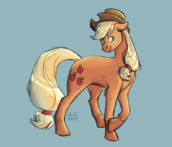 Size: 1280x1098 | Tagged: safe, artist:naomihubbard276, applejack, earth pony, pony, g4, blue background, cowboy hat, female, hat, mare, simple background, solo