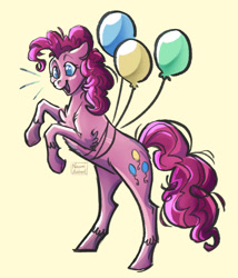 Size: 1280x1494 | Tagged: safe, artist:naomihubbard276, pinkie pie, earth pony, pony, g4, balloon, chest fluff, colored pupils, cute, diapinkes, floppy ears, fluffy, happy, leg fluff, open mouth, rearing, shoulder fluff, simple background, smiling, solo, unshorn fetlocks, yellow background