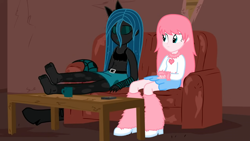 Size: 1280x720 | Tagged: safe, artist:mixermike622, queen chrysalis, oc, oc:fluffle puff, human, equestria girls, g4, barefoot, boots, couch, dirty, equestria girls-ified, feet, feet on table, humanized, shoes, shoes off, shoes removed, socks removed, soles, table, youtube link