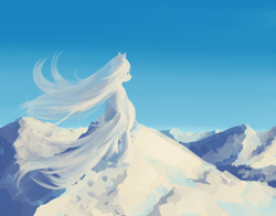 Size: 3000x2357 | Tagged: safe, artist:anonymous, oc, oc only, oc:cirrus wisp, pony, yakutian horse, beautiful, female, high res, long mane, long tail, looking at you, looking back, looking back at you, majestic, mare, mountain, rear view, scenery, scenery porn, snow, snow mare, solo, tail, white hair, windswept mane, windswept tail