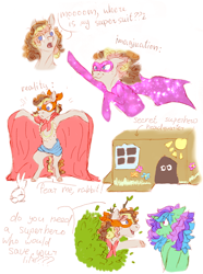 Size: 1900x2560 | Tagged: safe, artist:wh1te-moth, oc, oc only, oc:bird cherry, oc:pixie, earth pony, pony, rabbit, unicorn, animal, bush, cape, cardboard box, clothes, dialogue, duo, earth pony oc, female, filly, high res, horn, implied fluttershy, magical lesbian spawn, mask, messy mane, offspring, parent:bon bon, parent:cheese sandwich, parent:fluttershy, parent:lyra heartstrings, parents:fluttersandwich, parents:lyrabon, simple background, unicorn oc, white background