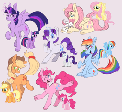 Size: 1250x1150 | Tagged: safe, artist:hellscirque, angel bunny, applejack, fluttershy, pinkie pie, rainbow dash, rarity, twilight sparkle, alicorn, earth pony, pegasus, pony, unicorn, g4, female, glowing, glowing horn, horn, lying down, mane six, mare, one eye closed, open mouth, open smile, prone, simple background, smiling, twilight sparkle (alicorn), wink