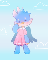 Size: 806x1008 | Tagged: safe, artist:typhwosion, gallus, griffon, semi-anthro, g4, blushing, clothes, cloud, crossdressing, dress, male, requested art, shy, solo, sweat, wings