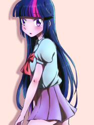 Size: 1080x1440 | Tagged: safe, artist:tastyrainbow, twilight sparkle, human, equestria girls, g4, anime, blushing, clothes, miniskirt, shy, skirt, solo