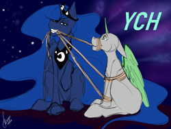 Size: 4000x3000 | Tagged: safe, artist:stirren, princess luna, alicorn, pony, g4, bondage, commission, couple, female, grin, high res, horn, mare, mouth hold, rope, rope bondage, sitting, smiling, wings, your character here
