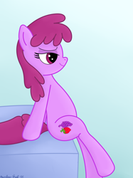 Size: 3016x4032 | Tagged: safe, artist:rainbowšpekgs, berry punch, berryshine, earth pony, pony, g4, bed, bedroom eyes, bipedal, bipedal leaning, female, gradient background, high res, leaning, mare, sitting, sitting on bed, smiling, smirk, solo
