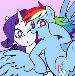 Size: 1566x1570 | Tagged: safe, artist:sicknastyjr, rainbow dash, rarity, pegasus, pony, unicorn, g4, duo, female, lesbian, mare, o mouth, one eye closed, open mouth, open smile, purple background, ship:raridash, shipping, simple background, smiling, spread wings, white pupils, wings