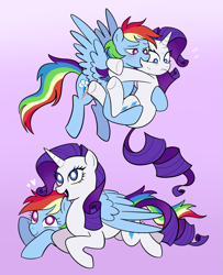 Size: 1667x2048 | Tagged: safe, artist:sicknastyjr, rainbow dash, rarity, pegasus, pony, unicorn, g4, bridal carry, carrying, cuddling, duo, female, floating heart, gradient background, heart, holding a pony, lesbian, lidded eyes, lying down, mare, open mouth, open smile, prone, ship:raridash, shipping, smiling, white pupils, wing blanket, winghug, wings