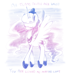 Size: 1080x1200 | Tagged: safe, artist:typhwosion, princess luna, alicorn, pony, g4, eyes closed, jewelry, positive ponies, pride, pride flag, regalia, requested art, solo, spread wings, transgender, transgender pride flag, wings