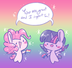 Size: 1058x1006 | Tagged: safe, artist:typhwosion, pinkie pie, twilight sparkle, alicorn, earth pony, pony, g4, bisexual pride flag, blush sticker, blushing, dialogue, dot eyes, duo, female, flag, gradient background, headcanon, lgbt headcanon, mare, open mouth, pansexual pride flag, positive message, positive ponies, pride, pride flag, requested art, sexuality headcanon, sparkles, speech bubble, spread wings, twilight sparkle (alicorn), wings