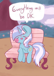 Size: 783x1108 | Tagged: safe, artist:typhwosion, lyra heartstrings, pony, unicorn, g4, bench, blush sticker, blushing, bush, cloud, dialogue, eyes closed, female, lying down, mare, open mouth, open smile, outdoors, positive ponies, prone, requested art, smiling, solo, speech bubble, tree