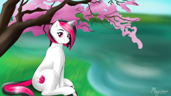 Size: 3840x2160 | Tagged: safe, artist:autumnsmonologue8, oc, oc only, oc:pink lotus, pony, unicorn, high res, solo, tree, water