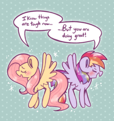 Size: 1024x1085 | Tagged: safe, artist:typhwosion, fluttershy, rainbow dash, pegasus, pony, g4, blushing, dialogue, duo, eyes closed, female, mare, open mouth, open smile, positive ponies, requested art, smiling, sparkles, speech bubble, spread wings, wings