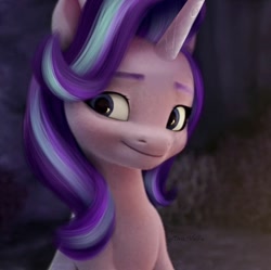 Size: 1078x1074 | Tagged: safe, artist:mira.veike, edit, edited screencap, screencap, starlight glimmer, pony, unicorn, g4, g5, my little pony: a new generation, spoiler:g5, spoiler:my little pony: a new generation, 3d, bust, cute, female, g4 to g5, g5 movie accurate, glimmerbetes, looking at you, mare, smiling, smiling at you, solo