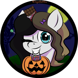 Size: 4160x4160 | Tagged: safe, alternate character, alternate version, artist:sugardotxtra, oc, oc only, oc:chocolate fudge, pony, candy, commission, food, halloween, holiday, one eye closed, pumpkin, pumpkin bucket, solo, ych result