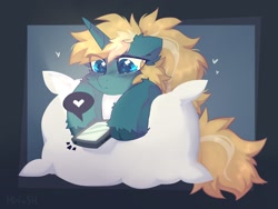 Size: 2000x1500 | Tagged: safe, artist:mirtash, oc, oc only, oc:maple parapet, pony, unicorn, cellphone, commission, heart, phone, pictogram, pillow, smartphone, solo, unshorn fetlocks, ych result