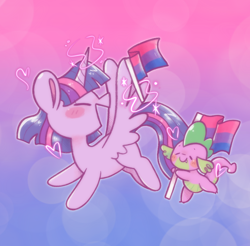 Size: 982x968 | Tagged: safe, artist:typhwosion, spike, twilight sparkle, alicorn, dragon, pony, g4, bisexual pride flag, blush sticker, blushing, duo, eyes closed, fangs, female, flag, floating heart, heart, levitation, magic, male, mare, open mouth, open smile, pride, pride flag, smiling, spread wings, tail, telekinesis, twilight sparkle (alicorn), wings