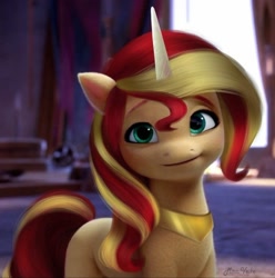 Size: 1078x1085 | Tagged: safe, artist:mira.veike, edit, edited screencap, screencap, sunset shimmer, pony, unicorn, g4, g5, my little pony: a new generation, spoiler:g5, spoiler:my little pony: a new generation, bacon hair, female, g4 to g5, g5 movie accurate, jewelry, mare, regalia, solo